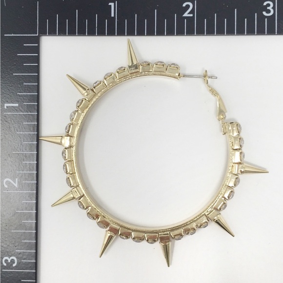 Gold Tone Rhinestone Spike Hoop Earrings - Picture 2 of 2
